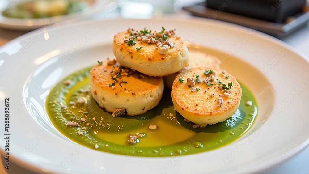 Gourmet Savory Cheese Cakes with Green Pea Puree - Fine Dining Dish Gourmet Savory Cheese Cakes with Green Pea Puree - Fine Dining Dish