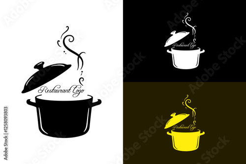 slightly open steaming pot, pressure cooker, kitchen accessories, kitchen appliance, restaurant logo, food cart, food truck, cuisine, menus, dishes, typography, vector, logo, abstract, silhouette