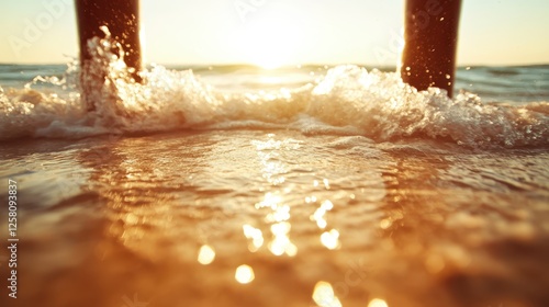 Glistening waves crashing against wooden pillars at sunset, creating a serene and picturesque beach scene filled with warm light and inviting tranquility. photo