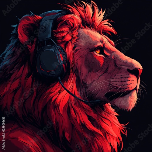 A vibrant illustration of a lion wearing headphones, symbolizing creativity and strength. The bold colors evoke a sense of power and uniqueness, perfect for artistic projects. photo