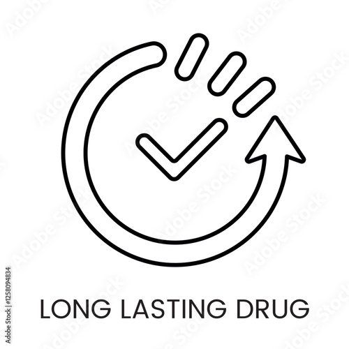 A check mark with a circular arrow icon in vector, representing validated and continuous drug efficacy, with an editable stroke