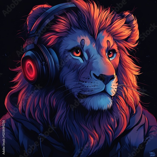 A vibrant, artistic portrayal of a lion wearing headphones, exuding a contemporary and bold aesthetic. The rich colors and detailed features create an engaging visual experience. photo