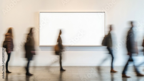 Photo of people walking in motion blur past an empty white frame on the wall, minimalist art gallery background.