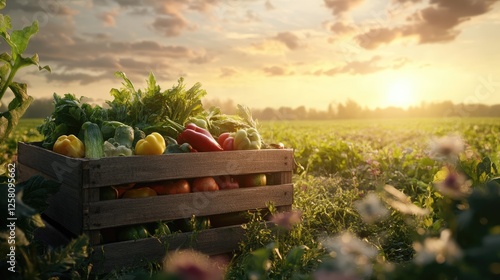 A wooden box of freshly picked vegetables, with sunset light gently illuminating the lush field and creating a peaceful farm scene.