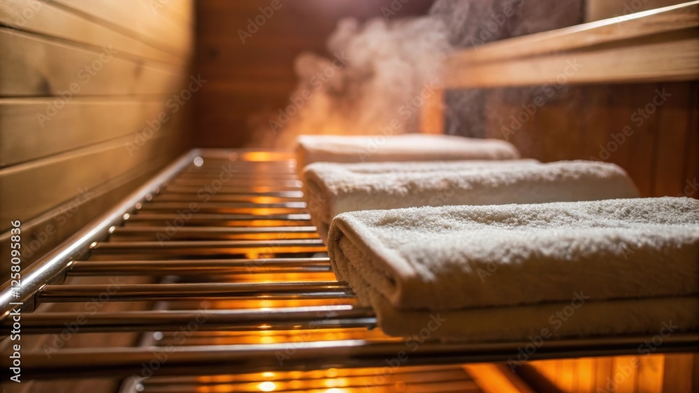 An artistic closeup of the heated towel racks surface showing steam rising from freshly hung towels in a cozy bathroom setting.