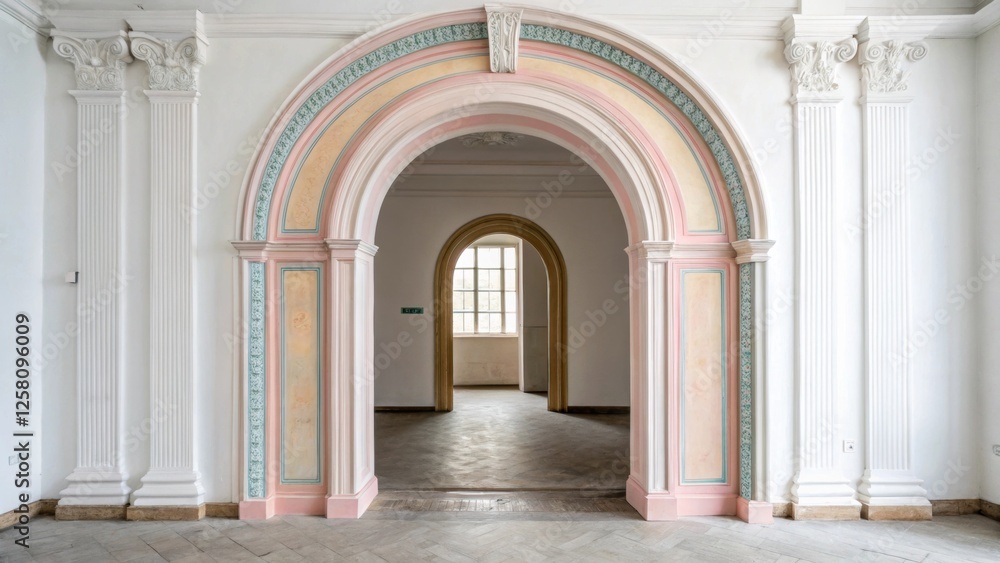 Fototapeta premium An elegant plaster archway painted in soft pastel hues offers a delicate touch to a minimalist entrance accentuating the simplicity of the surrounding walls.