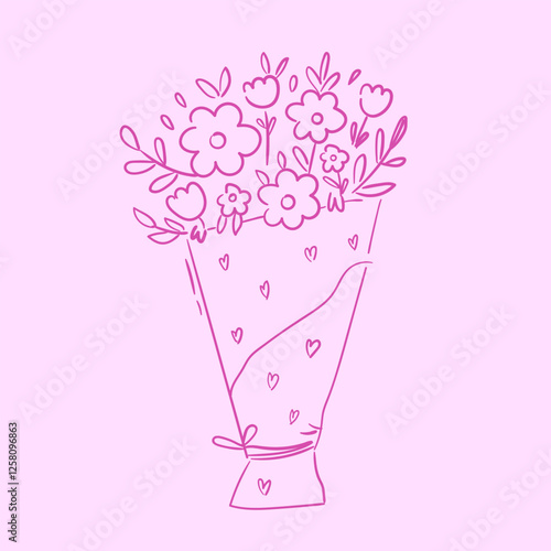Line art bouquet in pink color. Whimsical flowers doodle drawing. Valentine's day gift. Vector graphic