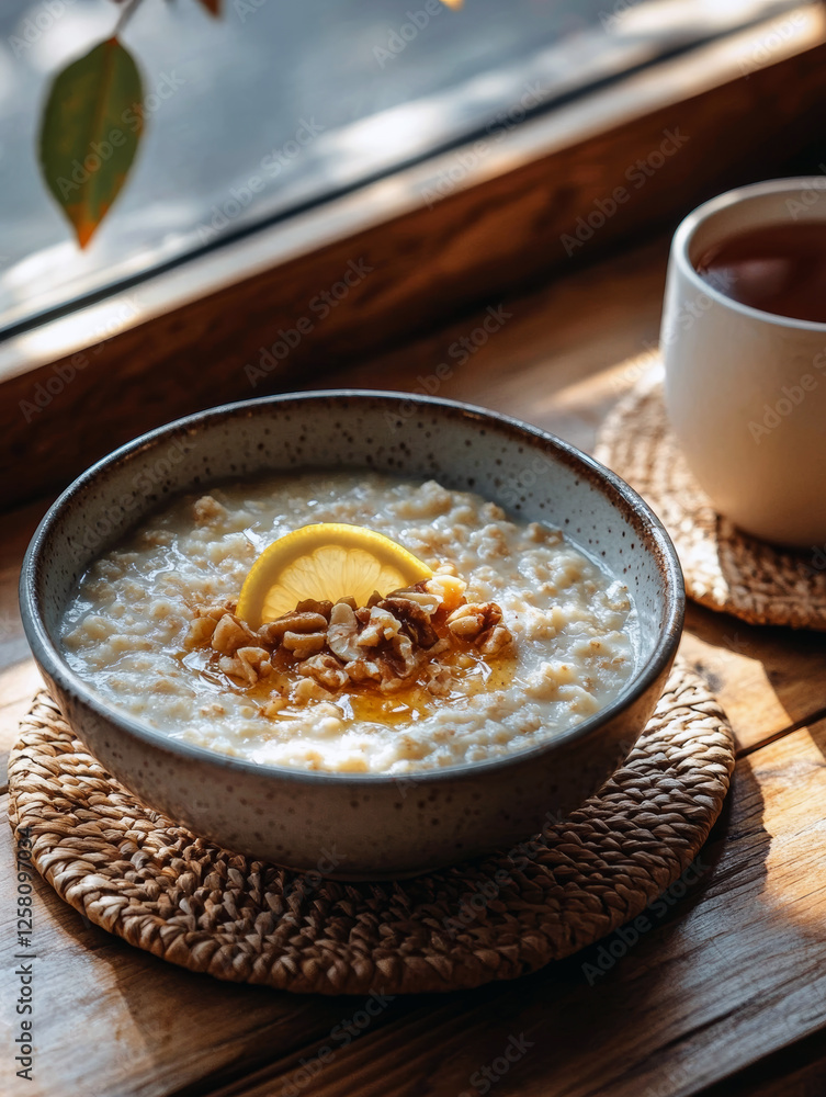 Warm oatmeal with nuts, honey, and lemon slice on wooden table next to cup of tea. Warm oatmeal with nuts, honey, and lemon slice on wooden table next to cup of tea.