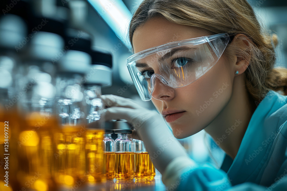 A female scientist in a sterile lab meticulously examines vials filled with a potential vaccine. Advanced equipment surrounds her A female scientist in a sterile lab meticulously examines vials filled with a potential vaccine. Advanced equipment surrounds her