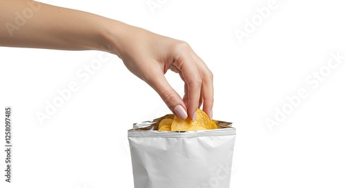 Hand Reaching Into Potato Chips Bag - Snack Time on White