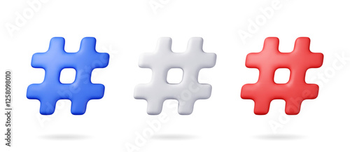 3d realistic hashtag symbol isolated on white. Render hash tag icon for social media. Chat message, communication, ad, search and online community. Blog and social network. Vector illustration