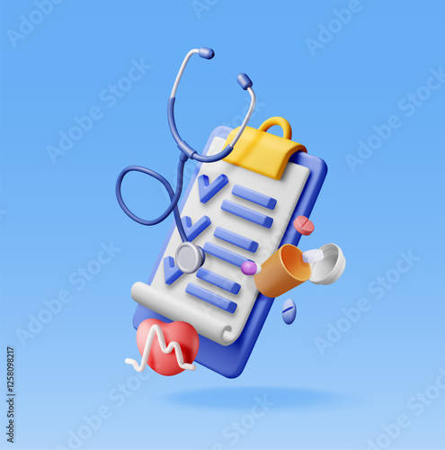 3d clipboard with medical check, stethoscope and pills. Render first aid report with check list for health. Health checkup concept. First aid, pharmacy, drug store and health care. Vector illustration