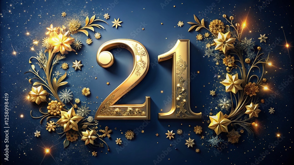 Fototapeta premium Elegant Gold 21st Birthday Background: Navy Stars & Floral Design