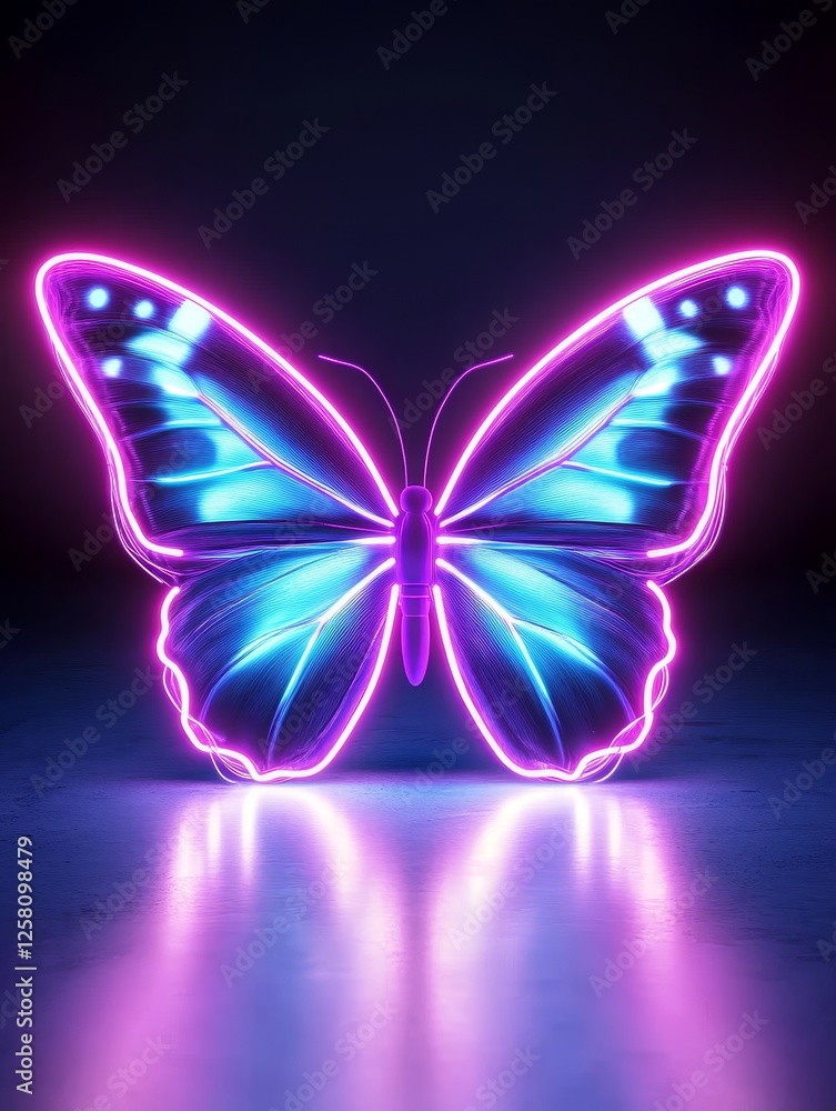 Fototapeta premium Neon Butterfly Glow - Vibrant neon butterfly with purple and blue light, reflecting on a dark surface