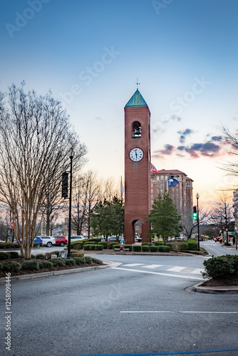 Downtown area clock tower in the middle of traffic roundabout in the city of Spartanburg, South Carolina