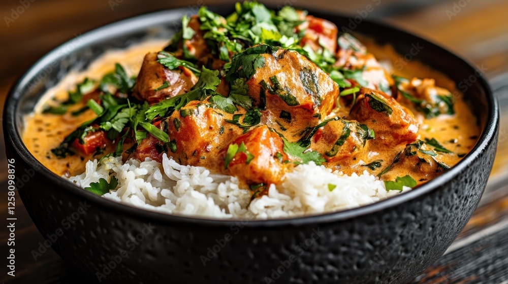 A sumptuous chicken curry infused with spices, paired beautifully with fluffy rice and topped with greens, creating an inviting and satisfying dish for food lovers. A sumptuous chicken curry infused with spices, paired beautifully with fluffy rice and topped with greens, creating an inviting and satisfying dish for food lovers.