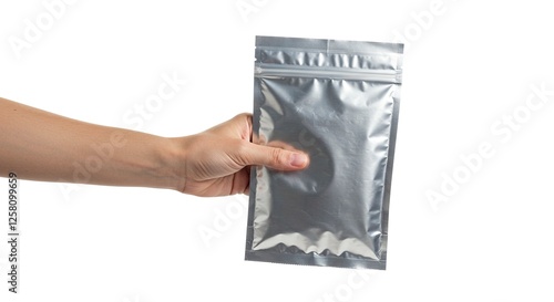 Hand Holding Silver Aluminum Pouch Mockup for Food or Product Packaging photo