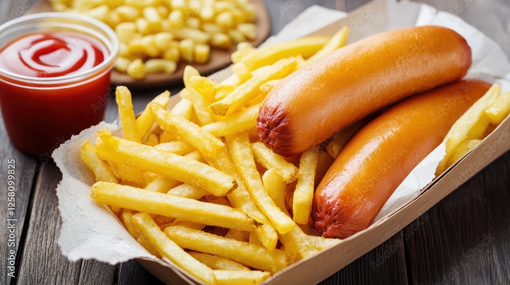 Crispy fries and savory corndog for a perfect snack combination Crispy fries and savory corndog for a perfect snack combination