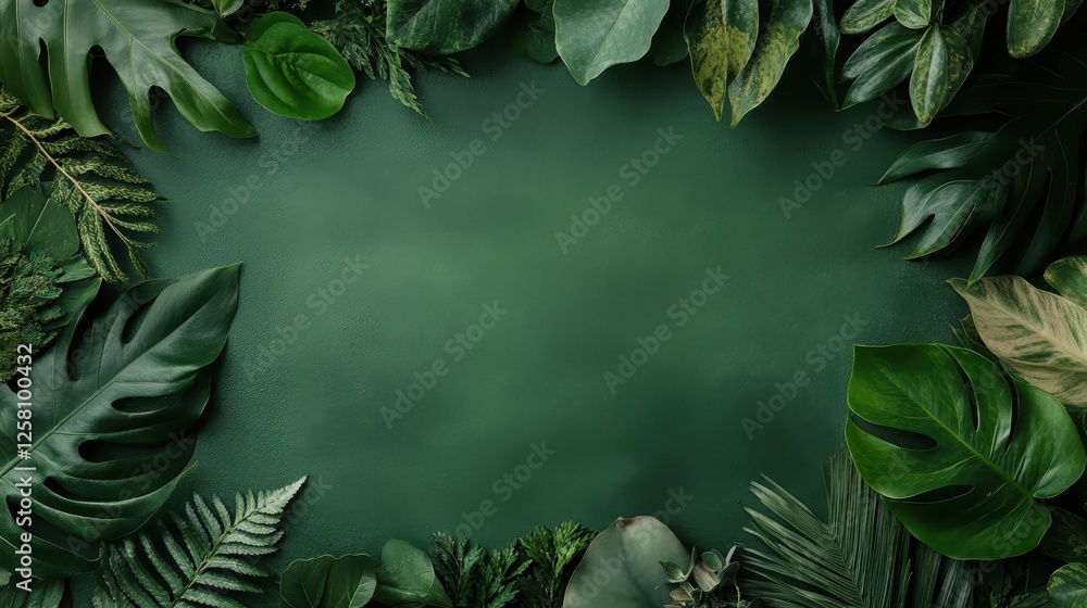 This captivating image showcases a beautiful arrangement of various green leaves framing a subtle green background, perfect for nature-themed projects and designs. This captivating image showcases a beautiful arrangement of various green leaves framing a subtle green background, perfect for nature-themed projects and designs.