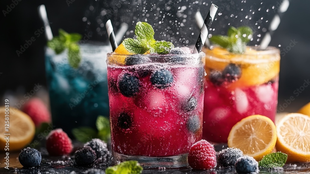 A vibrant display of assorted refreshing drinks garnished with fresh berries and citrus slices creates an inviting atmosphere, perfect for warm weather gatherings and celebrations. A vibrant display of assorted refreshing drinks garnished with fresh berries and citrus slices creates an inviting atmosphere, perfect for warm weather gatherings and celebrations.