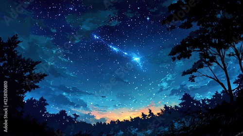 Night sky, shooting star, silhouetted trees.