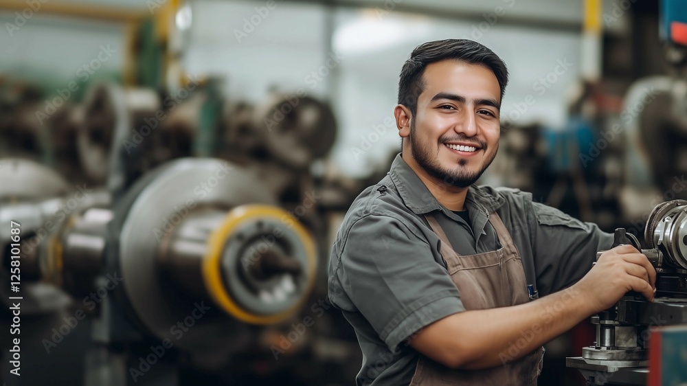 Smiling worker in blue uniform,working on an industrial pipe,industry concept,banner,copy space. Smiling worker in blue uniform,working on an industrial pipe,industry concept,banner,copy space.