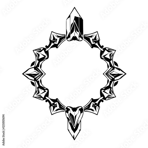 Geometric-Shaped Ornamental Frame with a Central Crystal and Pointed Diamond-Like Details, Black and White Artwork, Vector-Style.