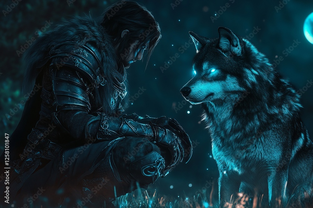 Fototapeta premium A fierce warrior stands beside a wild wolf, both exuding strength and loyalty. The scene is set in a misty, mysterious landscape.