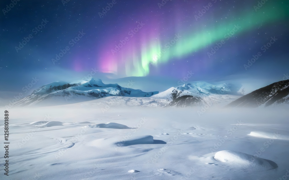 Naklejka premium Aurora Borealis Over Snowy Mountains: A breathtaking display of the aurora borealis paints the night sky with vibrant colors above a majestic snow-covered mountain range.