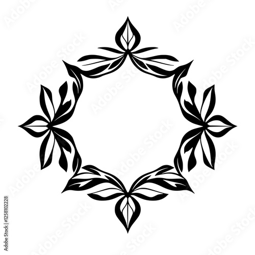 Geometric floral frame. Black and white art piece. Symmetrical design with leaf and petal-like elements. Floral frame that is elegant and contemporary.