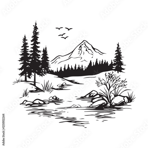 Old mount black ink pen outline hand drawn oak fall hill dale slope road path way scene picture 