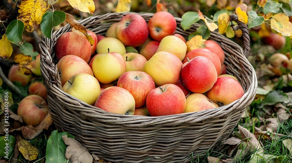 Ripe apples in a basket on a background of green foliage. Ripe apples in a basket on a background of green foliage.