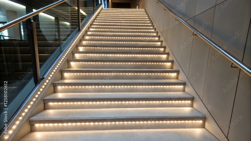 Fototapeta premium Medium closeup view from above a multitiered staircase revealing LED strips in a continuous line creating a guide for safer navigation between levels.