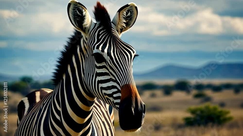Close-up portrait of zebra with black and white stripes in savanna, blurred background