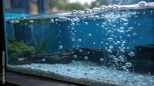 Water Filling Process A closeup shot of water cascading into a newly built aquarium capturing bubbles and reflections on the surface to portray the filling process.