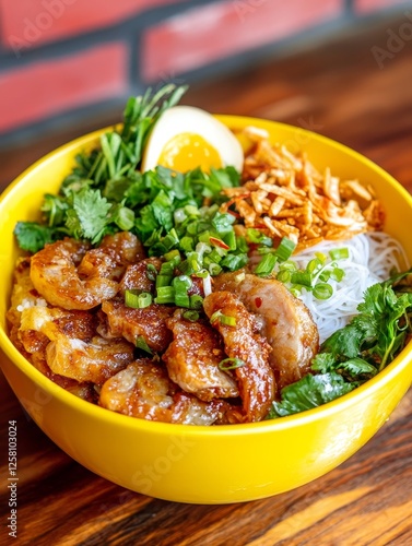 Fresh Vietnamese Cha Ca Bowl with Herb Toppings - Savory Vietnamese Cha Ca fish, rice noodles, herbs, crispy shallots, and a soft boiled egg. A flavorful and aromatic dish photo