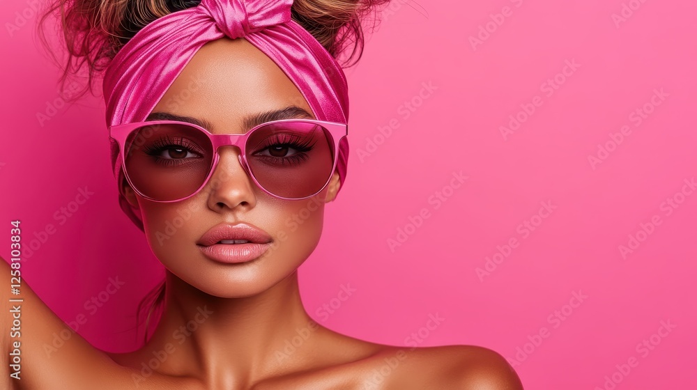 A stylish woman dons pink sunglasses and a trendy head wrap, showcasing an eye-catching look against a vibrant pink backdrop, radiating modern fashion charm. A stylish woman dons pink sunglasses and a trendy head wrap, showcasing an eye-catching look against a vibrant pink backdrop, radiating modern fashion charm.