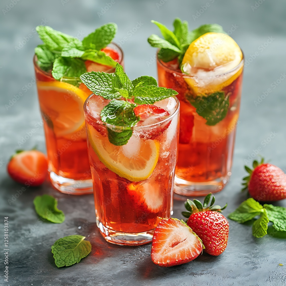 Strawberry lemonade with mint and ice on a dark background Strawberry lemonade with mint and ice on a dark background
