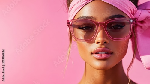 Wallpaper Mural This image features a confident woman in pink sunglasses and a stylish headband, displaying a glamorous look against a soft pink background that radiates beauty. Torontodigital.ca