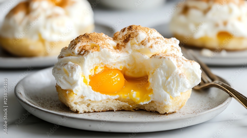 A delicious cream-filled pastry showcasing a bright yellow center and fluffy meringue topping, served on a plate. A delicious cream-filled pastry showcasing a bright yellow center and fluffy meringue topping, served on a plate.