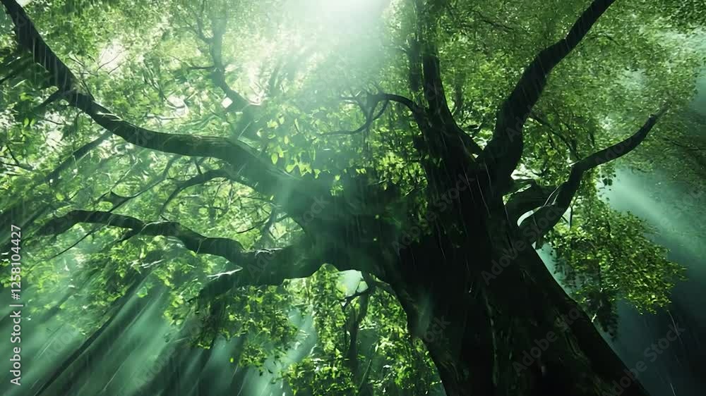 Sunbeams through lush forest canopy, rain, tree