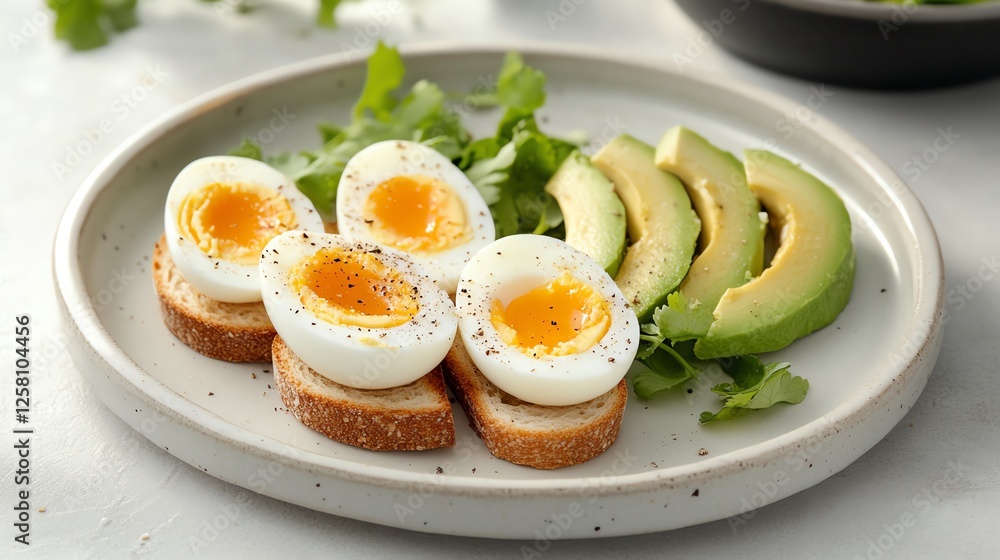 A nutritious breakfast featuring soft-boiled eggs, avocado slices, and greens on a beige plate, ideal for health lovers. A nutritious breakfast featuring soft-boiled eggs, avocado slices, and greens on a beige plate, ideal for health lovers.