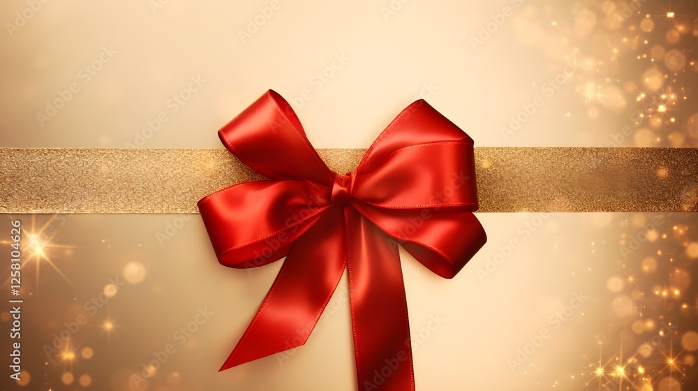 Elegant Red Satin Bow with Gold Glitter Ribbon on Beige Background Festive Gift Holiday Decoration Elegant Red Satin Bow with Gold Glitter Ribbon on Beige Background Festive Gift Holiday Decoration