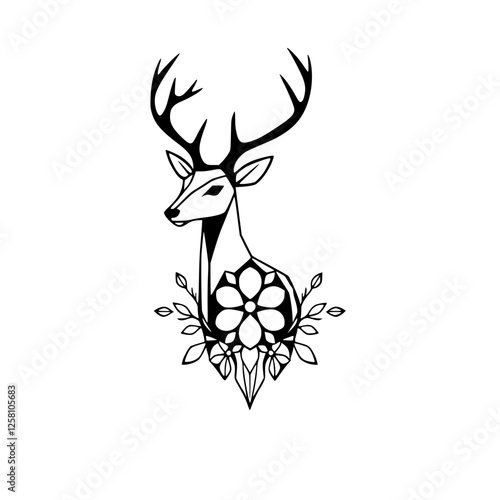 Deer illustration with floral design, black ink.
