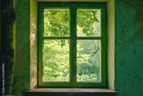 Green painted window frame with a view of trees