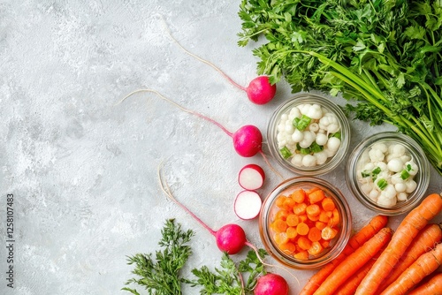 Pickled Carrots and Pearl Onions in Jars with Fresh Vegetables