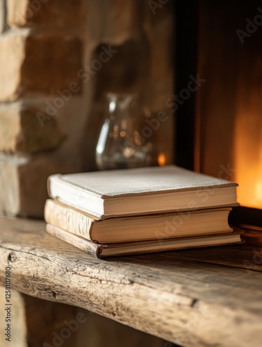Wallpaper Mural Rustic wooden shelf showcasing a stack of vintage books with ample space for adding personalized text or notes. Generative AI Torontodigital.ca