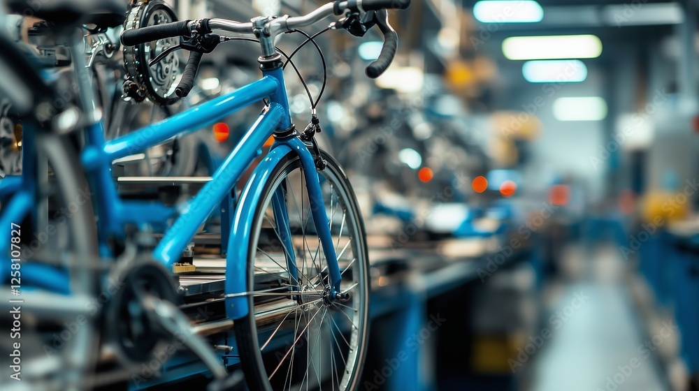 Assembly line of bicycles in a factory, highlighting precision and efficiency in bike component manufacturing. Assembly line of bicycles in a factory, highlighting precision and efficiency in bike component manufacturing.