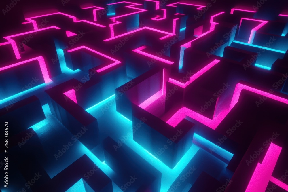 Futuristic maze with glowing blue and pink neon lights creating a vibrant atmosphere Futuristic maze with glowing blue and pink neon lights creating a vibrant atmosphere