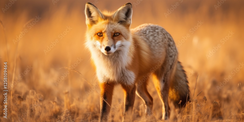 photograph of Red fox walks in the dry season meadow photograph of Red fox walks in the dry season meadow